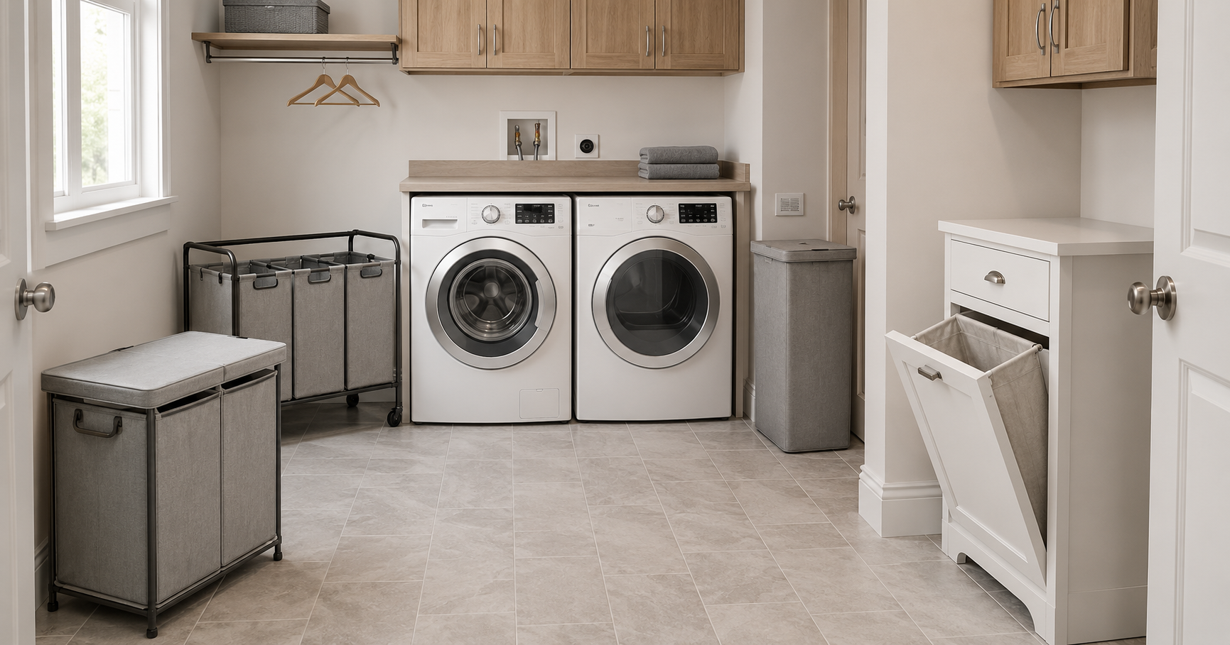 Organised laundry room with four laundry hampers, including a divided hamper, rolling sorter, slim hamper and tilt-out cabinet.
