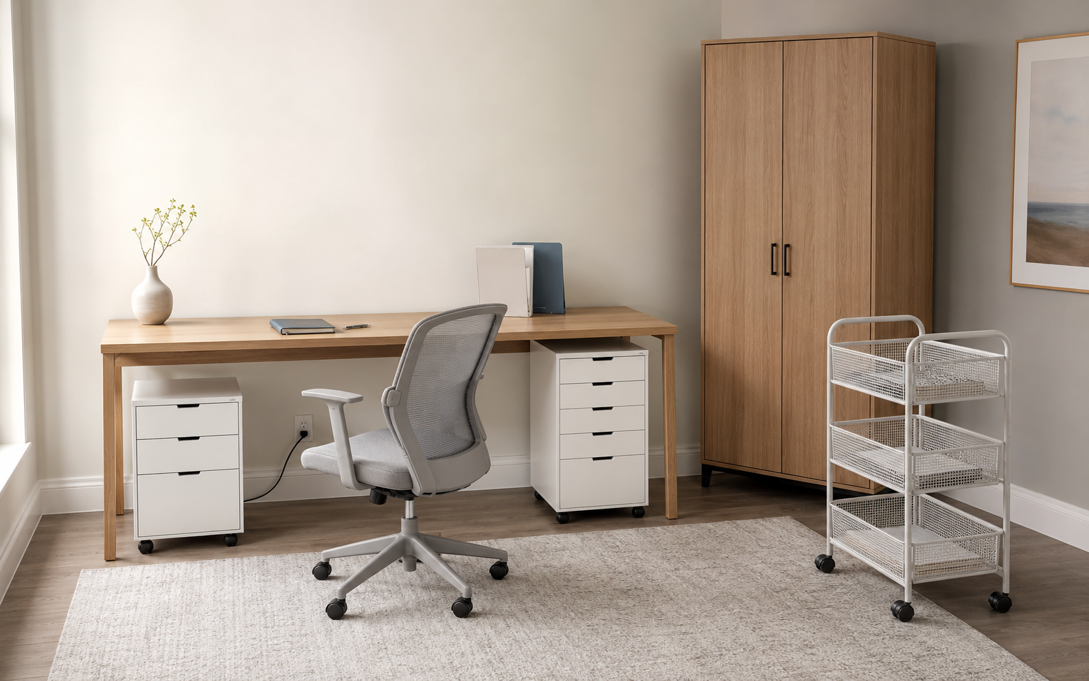 Home office storage arrangement with white file cabinets, a rolling cart and a tall oak cabinet beside a natural wood desk.
