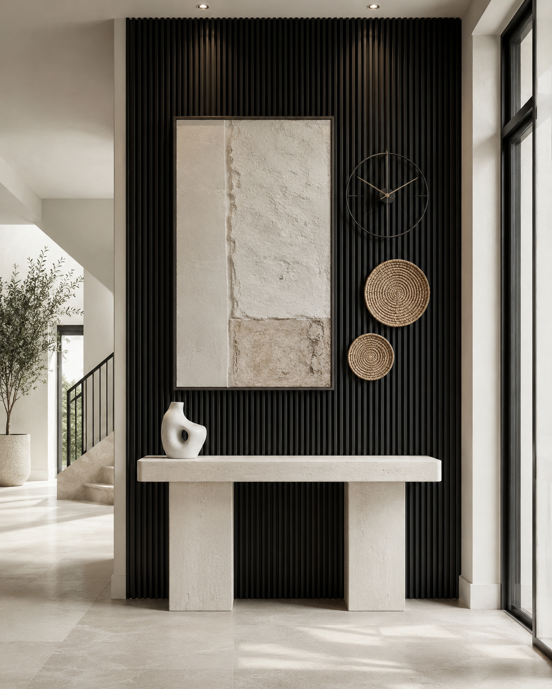Statement entryway accent wall with black fluted paneling, neutral art, clock, baskets and pale stone console.
