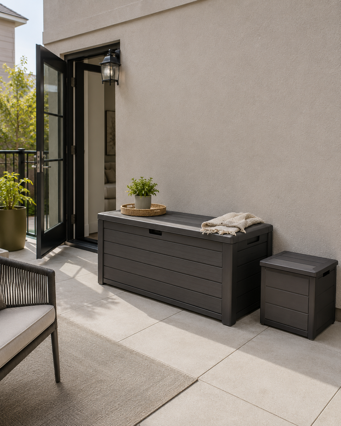 Compact patio with a charcoal storage bench, small deck box, open exterior door and clear walking space.
