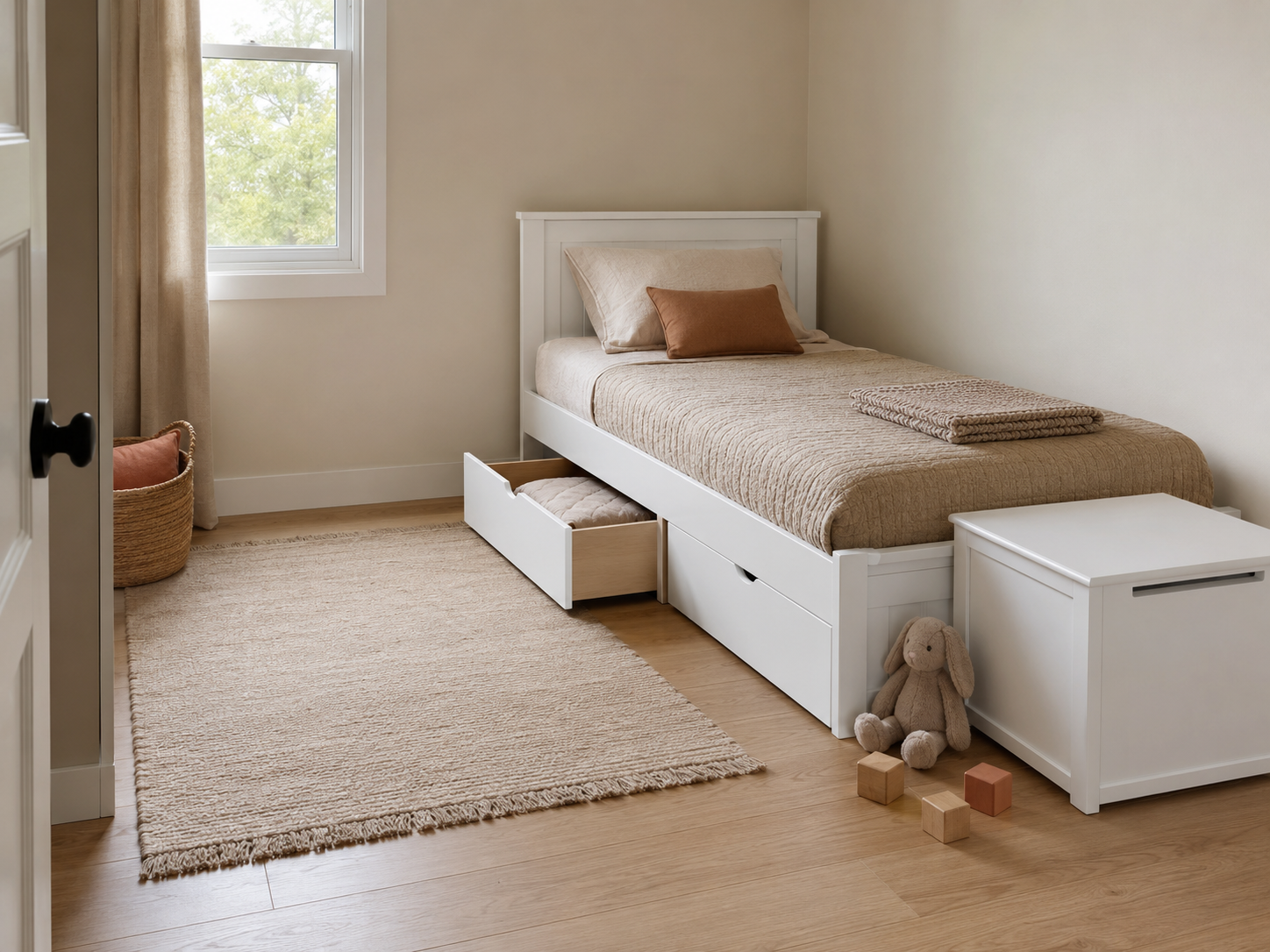 White storage bed with open under-bed drawer, matching toy chest and unobstructed rug placement