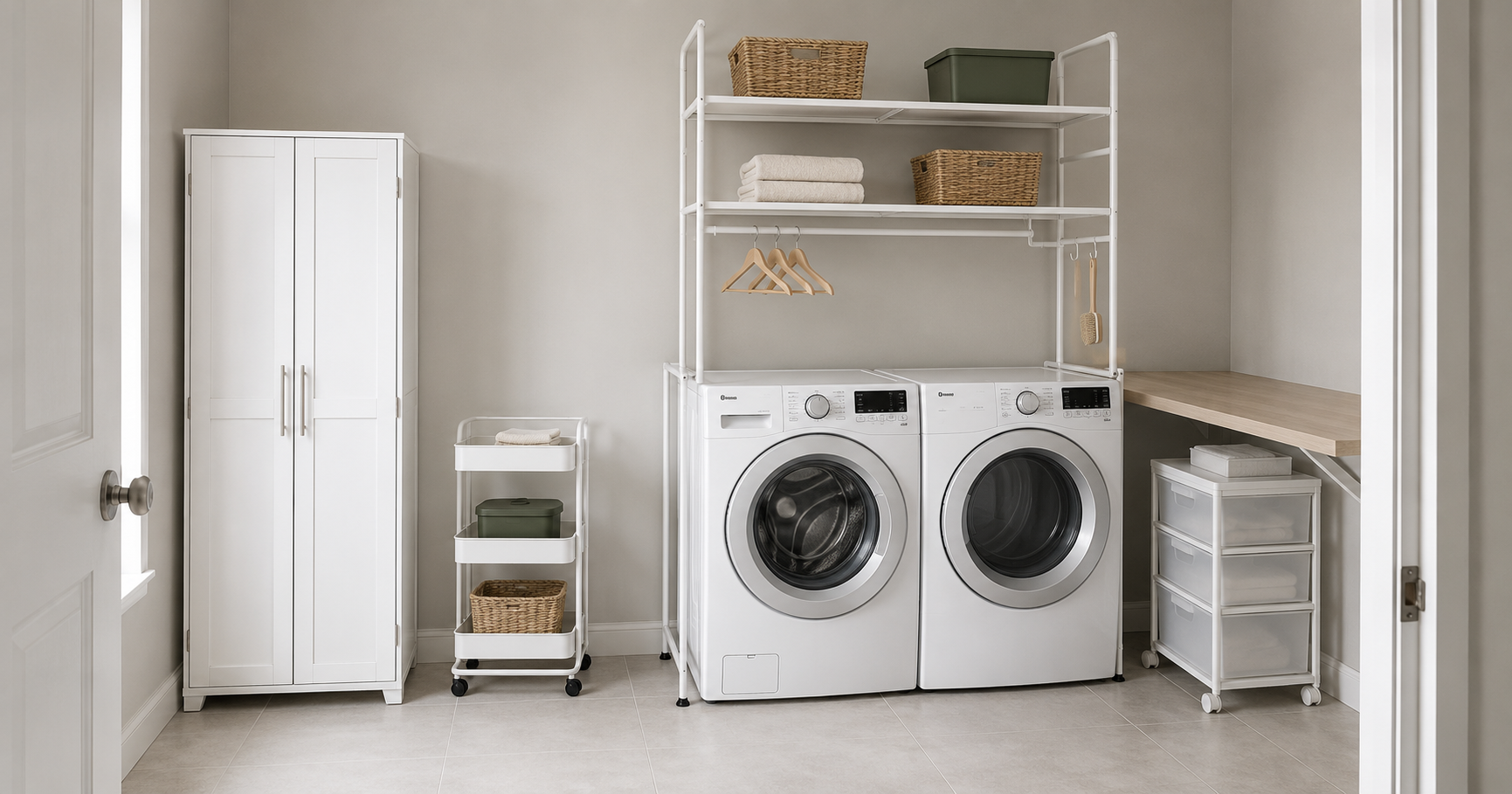 Front-loading laundry room with a tall white cabinet, slim rolling cart, drawer organiser and freestanding over-washer storage rack.