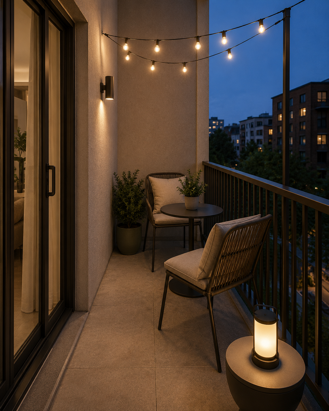 Narrow balcony with warm overhead string lights, two chairs and a portable lantern on a side table.