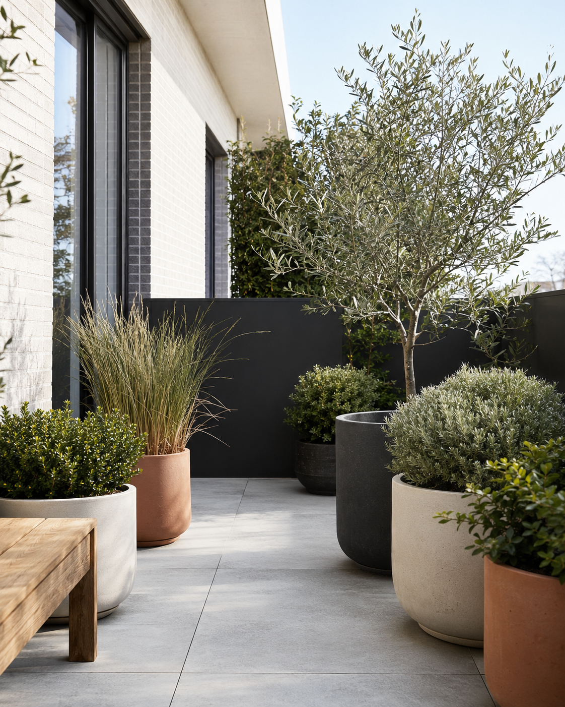 Outdoor planters with olive trees, grasses and evergreen foliage arranged around a clear patio walkway