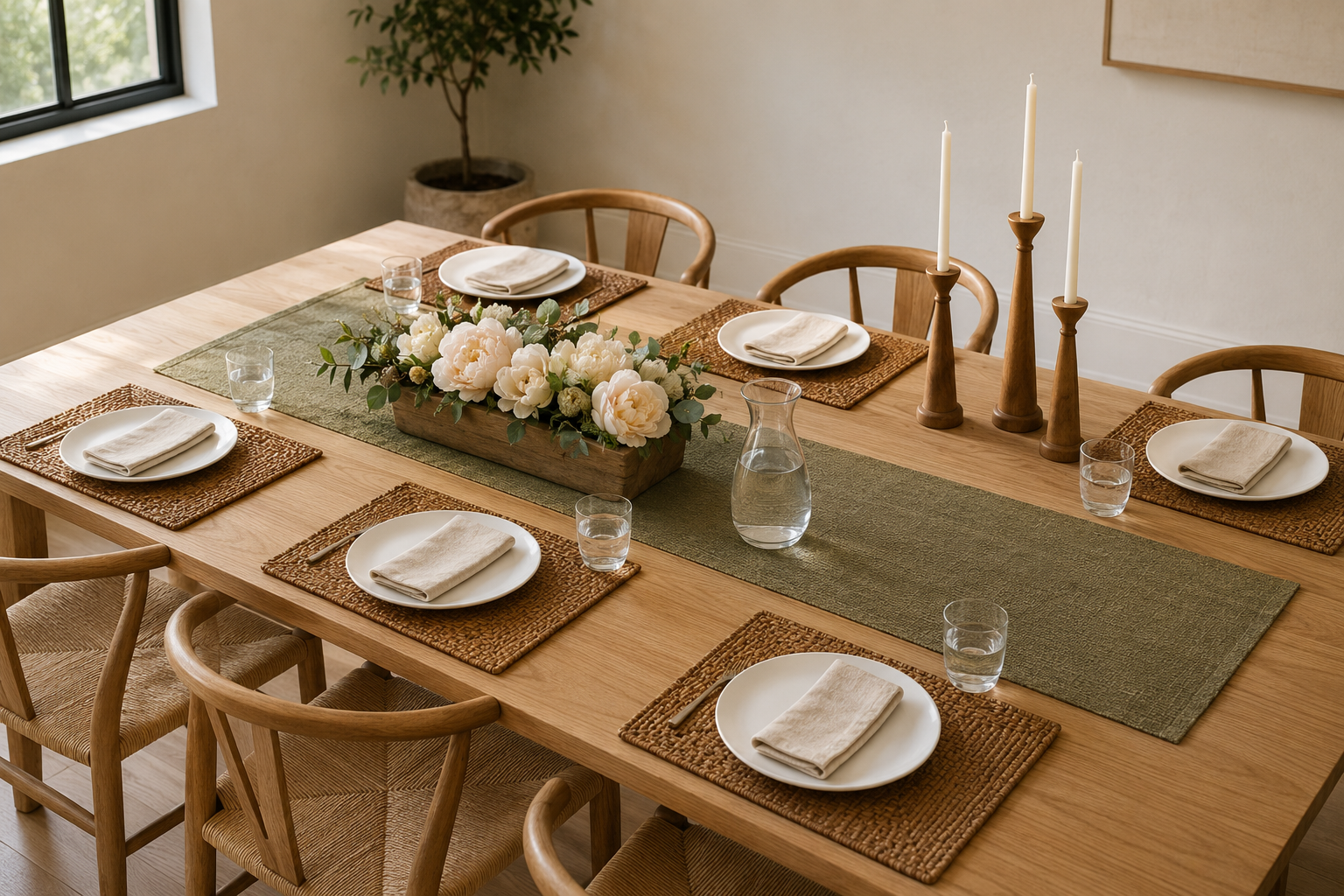 Dining table decor arrangement with an olive runner, woven placemats, low floral centerpiece and wooden candle holders