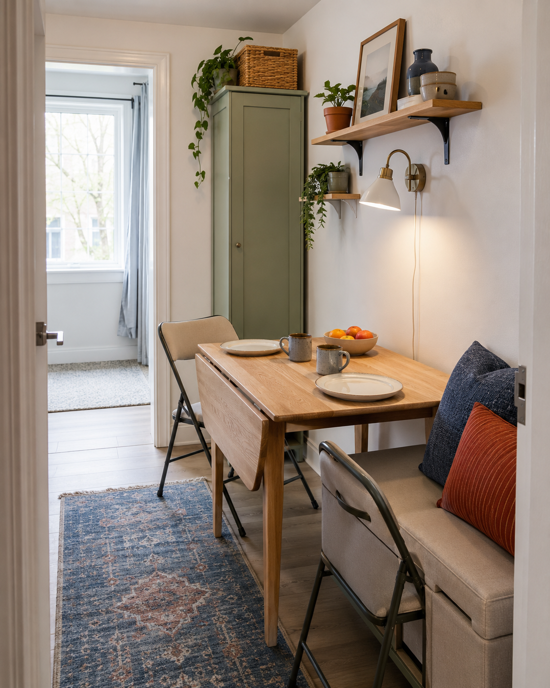 Narrow dining area with a drop-leaf table, storage bench, folding chairs, tall cabinet and wall shelves