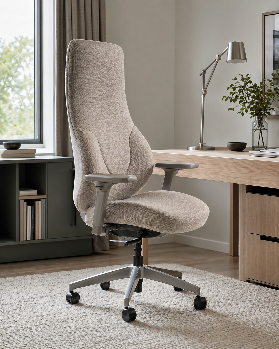 Supportive upholstered home office chair beside a walnut desk