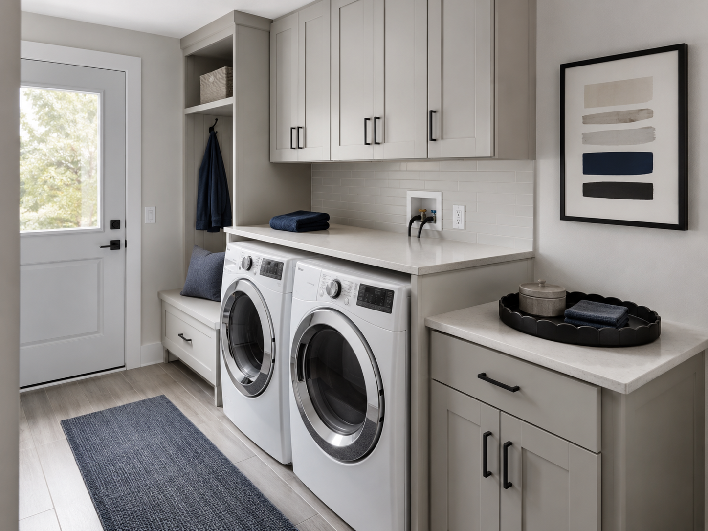 Contemporary greige laundry mudroom with dark scalloped tray, framed art and restrained navy accents