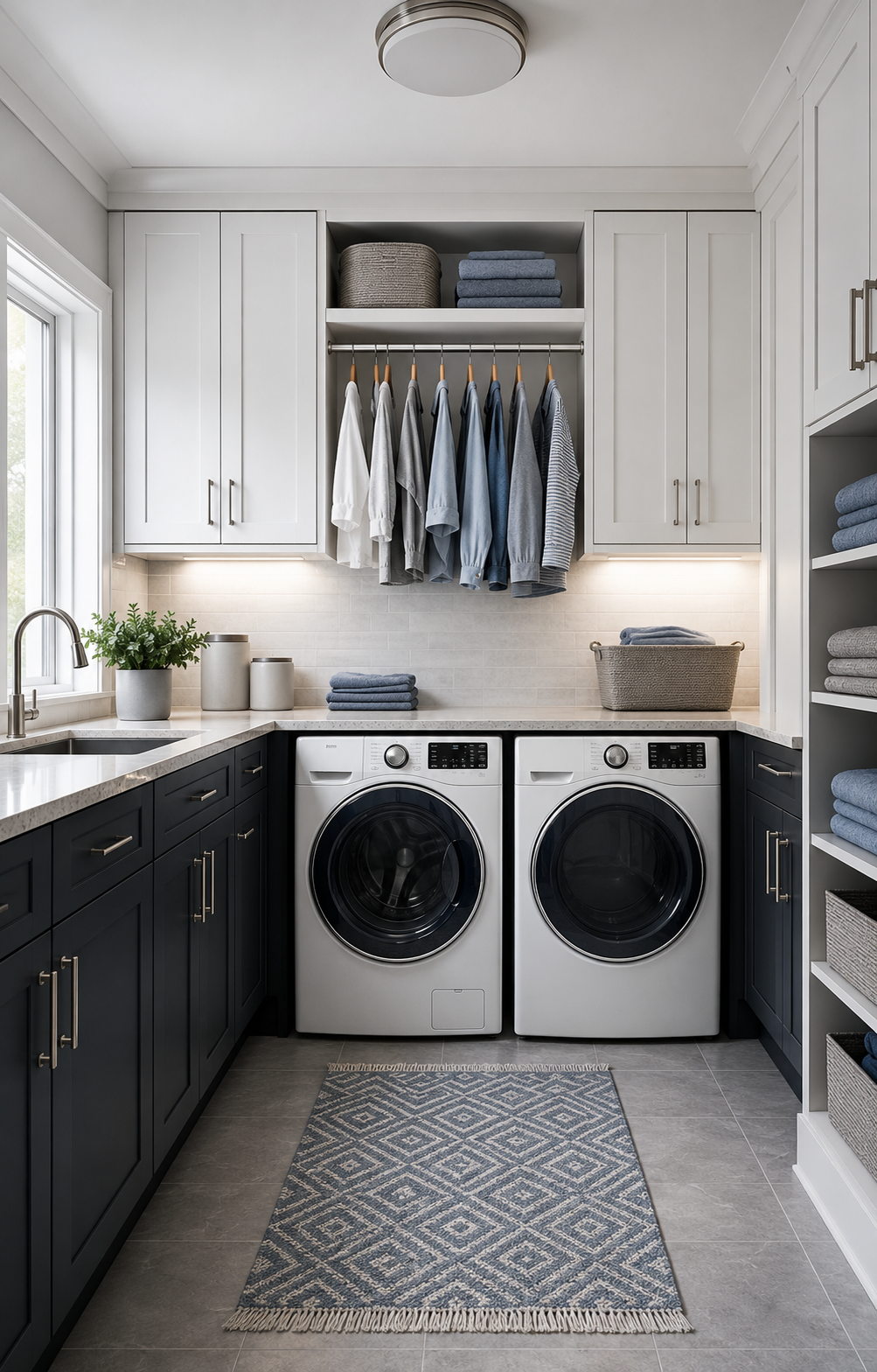Room 910: Laundry Room Organization - Ravnora Decor White laundry room with charcoal accents, dusty blue textiles and tailored built-in storage
