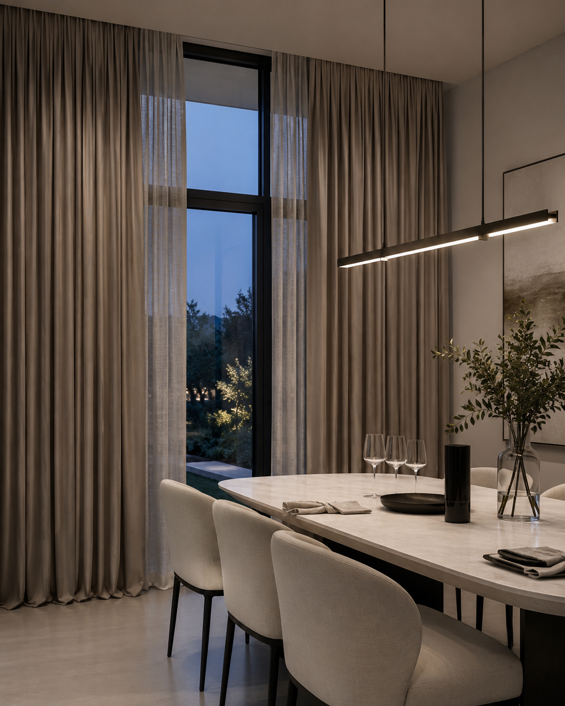 Taupe pinch-pleat dining room curtains creating privacy in a modern evening dining space