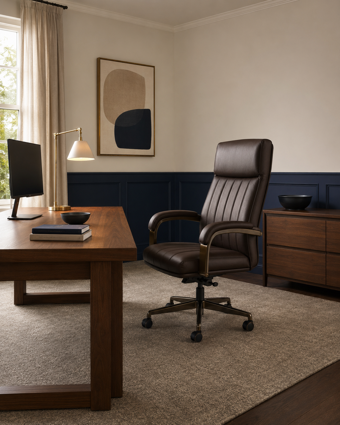 Brown faux-leather executive chair beside a walnut desk in a tailored navy and ivory home office.