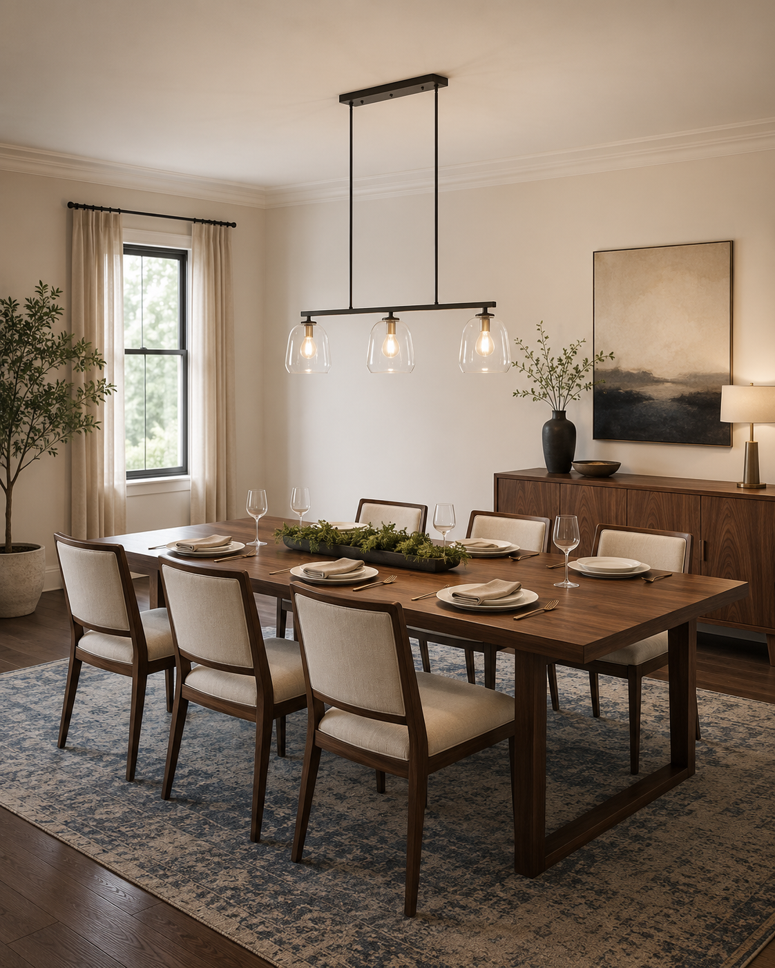 Three-light linear pendant aligned above a long walnut dining table with six neutral upholstered chairs