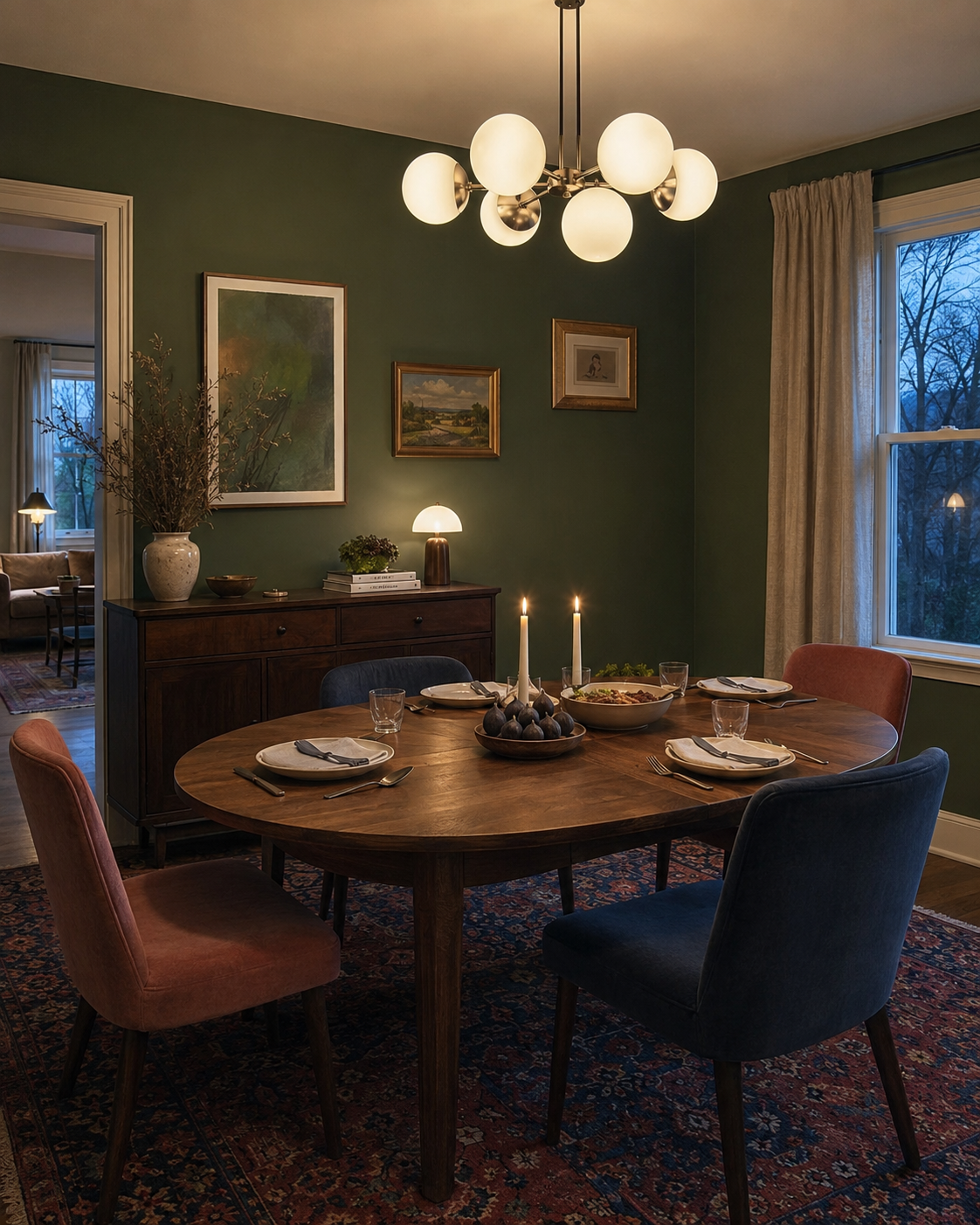 Tailored evening dining room with green walls, walnut table, navy and dusty rose chairs and globe chandelier