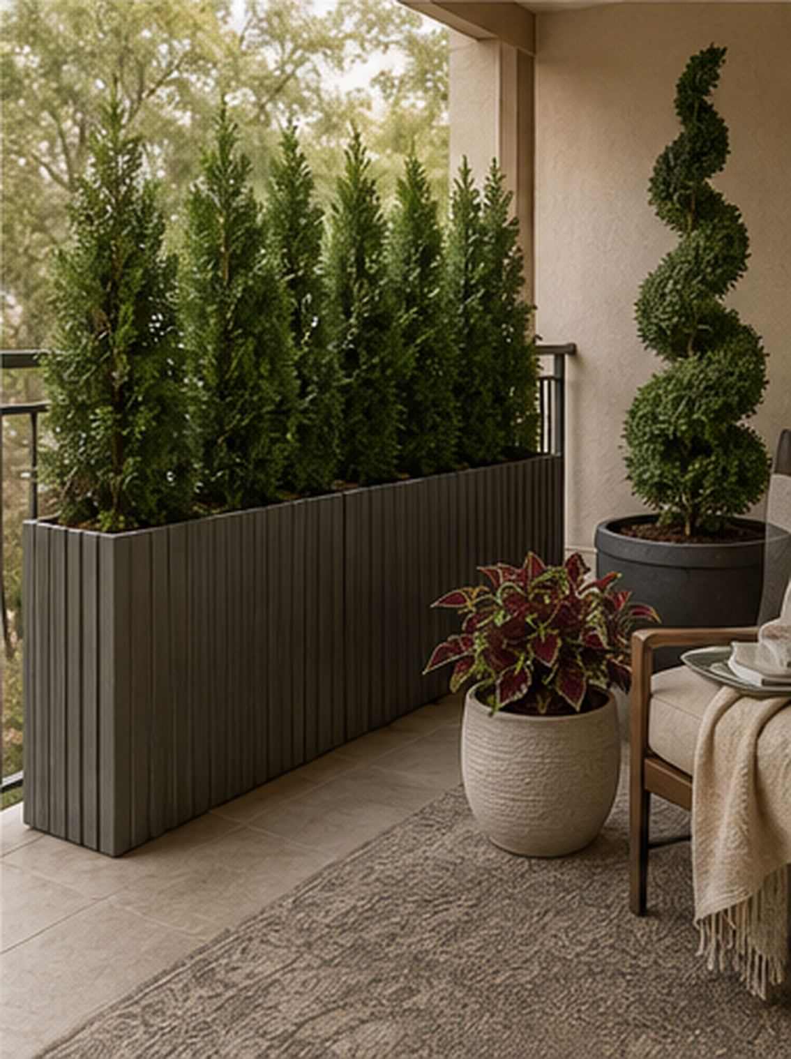 Tall rectangular outdoor planter and topiary creating a planted boundary along a balcony edge