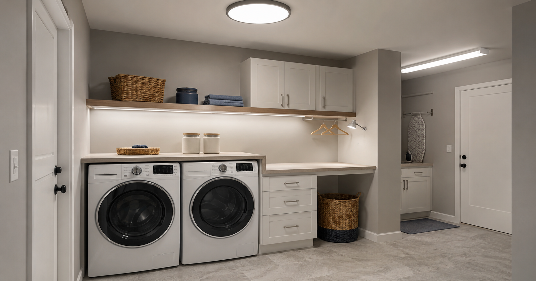 Modern laundry lighting plan with flush-mount, linear ceiling, under-shelf and adjustable task lights.