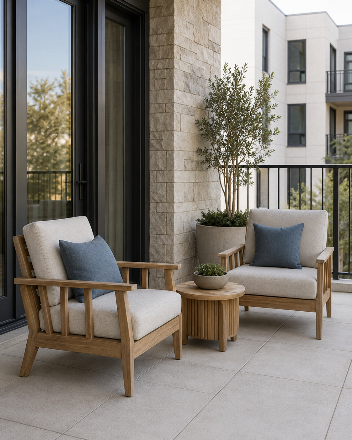 Teak patio furniture with two cushioned lounge chairs and a compact round side table