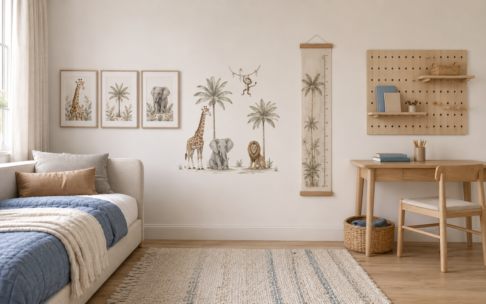 Kids wall decor room featuring framed art, animal decals, a growth chart and a wooden pegboard