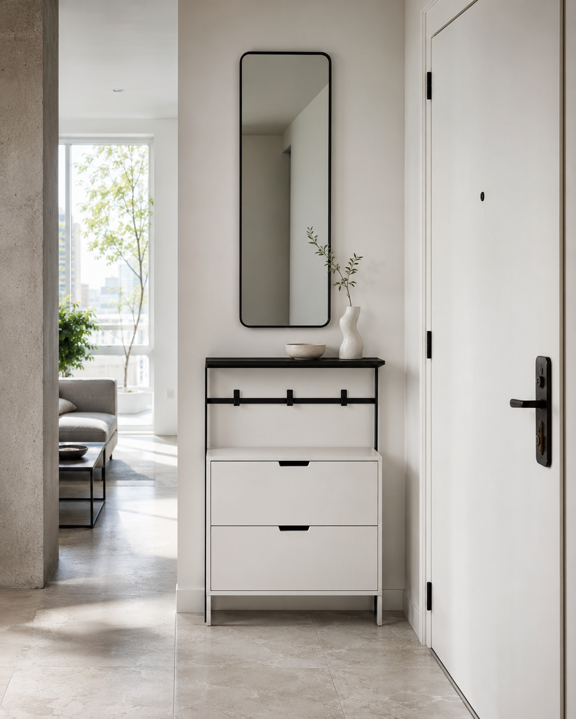 36-inch small entryway landing with slim shoe storage, mirror and compact console