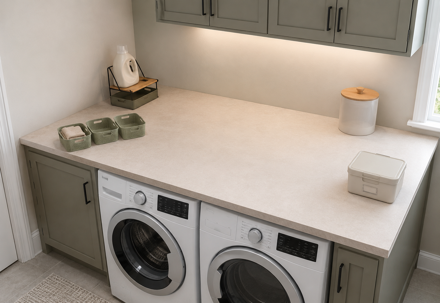 Laundry countertop organization with a clear folding surface, detergent stand, lidded container, utility bin and sage organiser baskets.