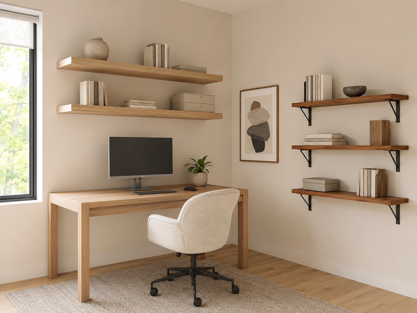 Oak desk beneath long floating shelves with bracketed wood shelves arranged on the adjacent office wall