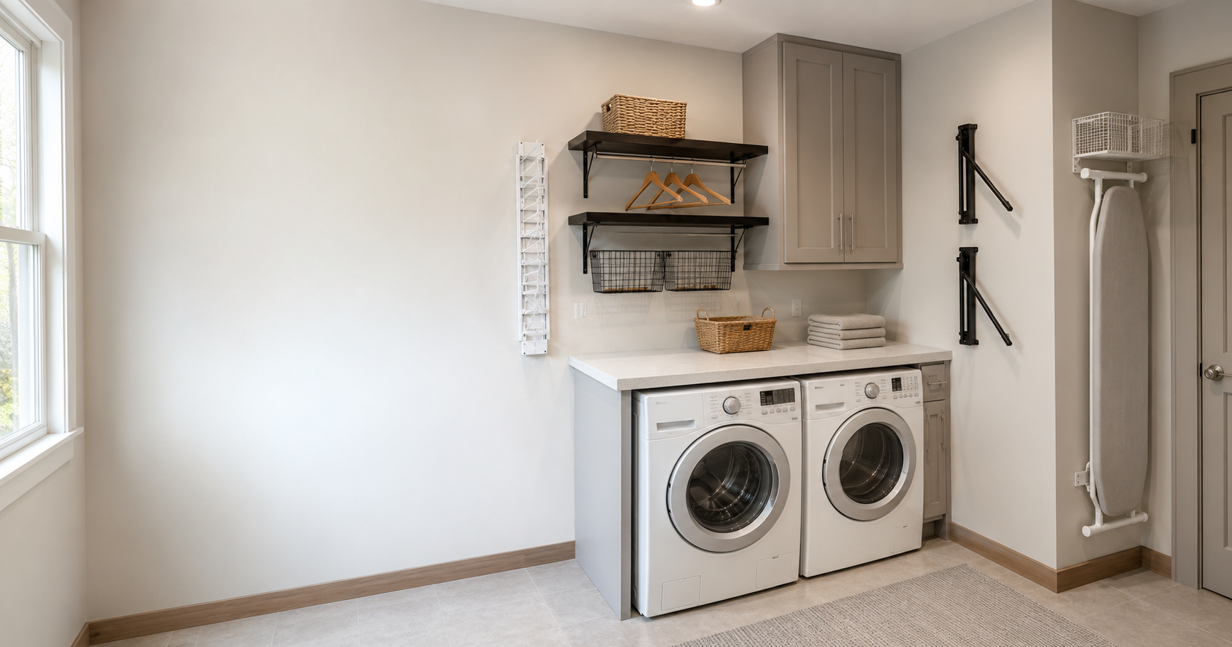 Laundry wall organization with a folded drying rack, wall baskets, swing-arm hangers and a vertically stored ironing board beside front-loading appliances.