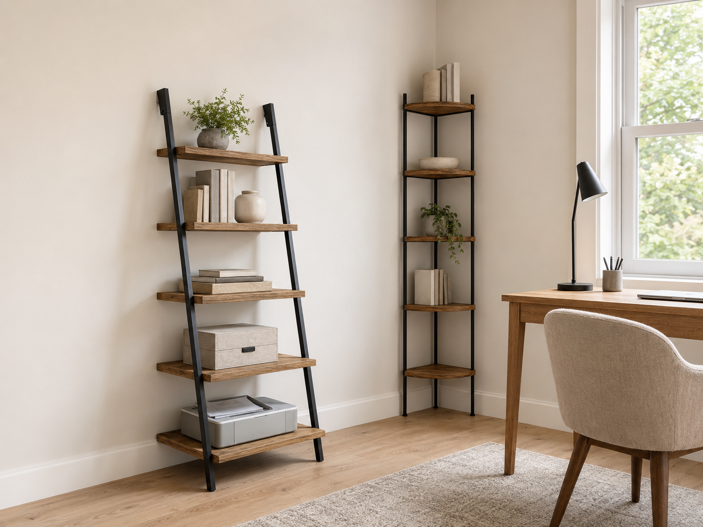 Compact office corner with a five-tier ladder bookcase and tall triangular corner shelf