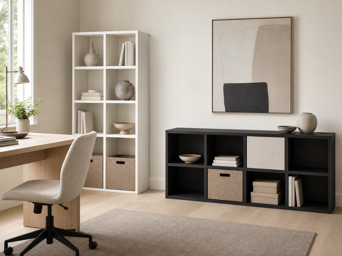 White vertical cube organizer and wide black cube shelf creating an organized home office storage wall
