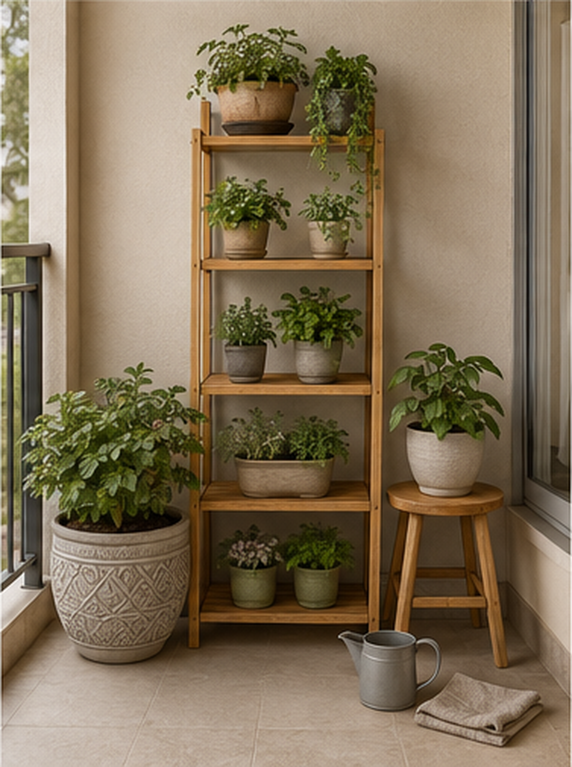 Compact balcony corner with wooden plant stand, ceramic planter and plants arranged at different heights