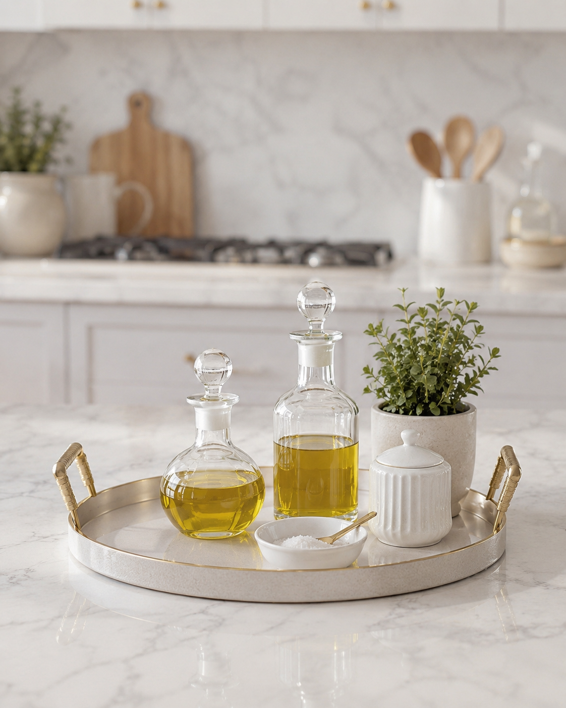 Kitchen counter tray zone with oil bottles, salt cellar, spoon rest, and neutral styling accents