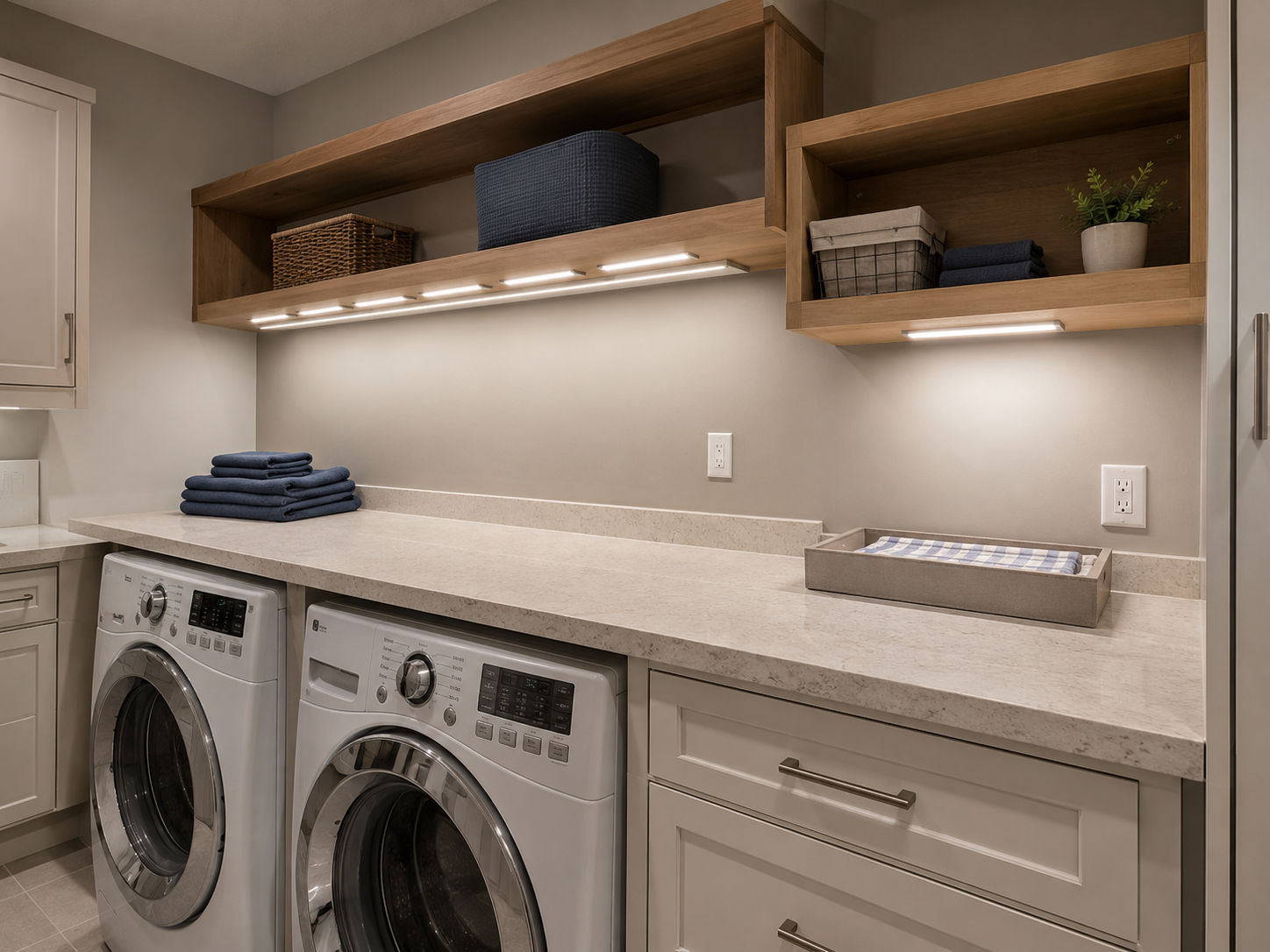 Long laundry folding counter illuminated by a six-bar under-shelf system and separate compact cabinet light.