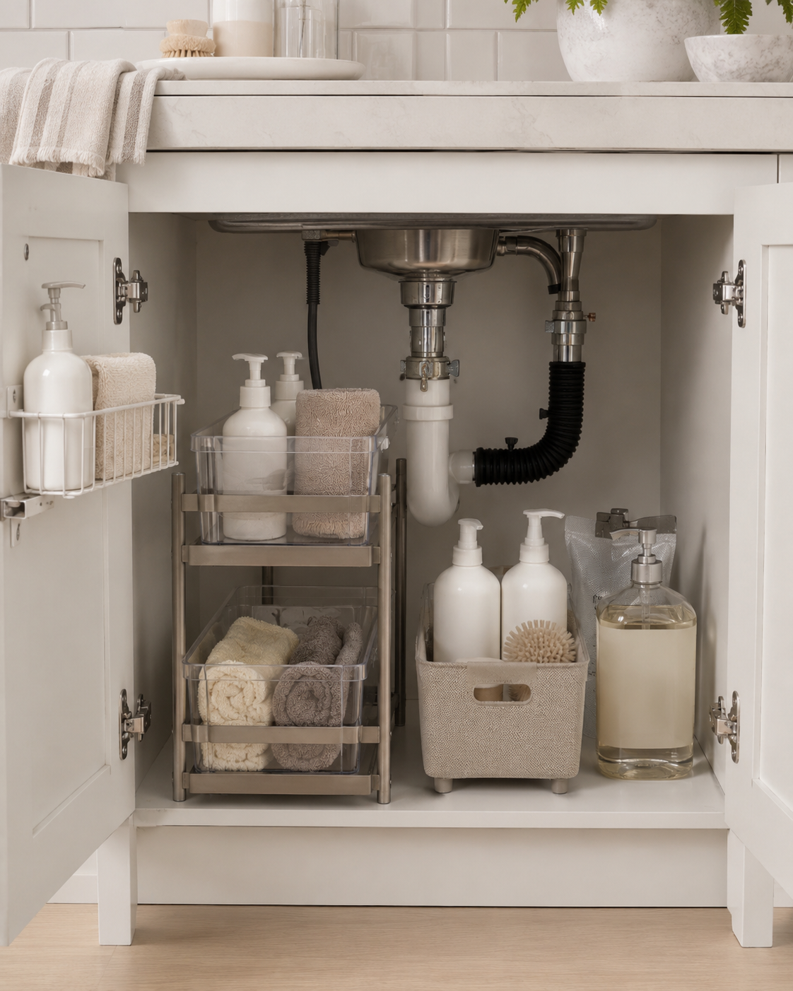 Under-sink kitchen organization with pull-out organizer, clear storage bins, cleaning caddy, cloths, and cabinet door basket