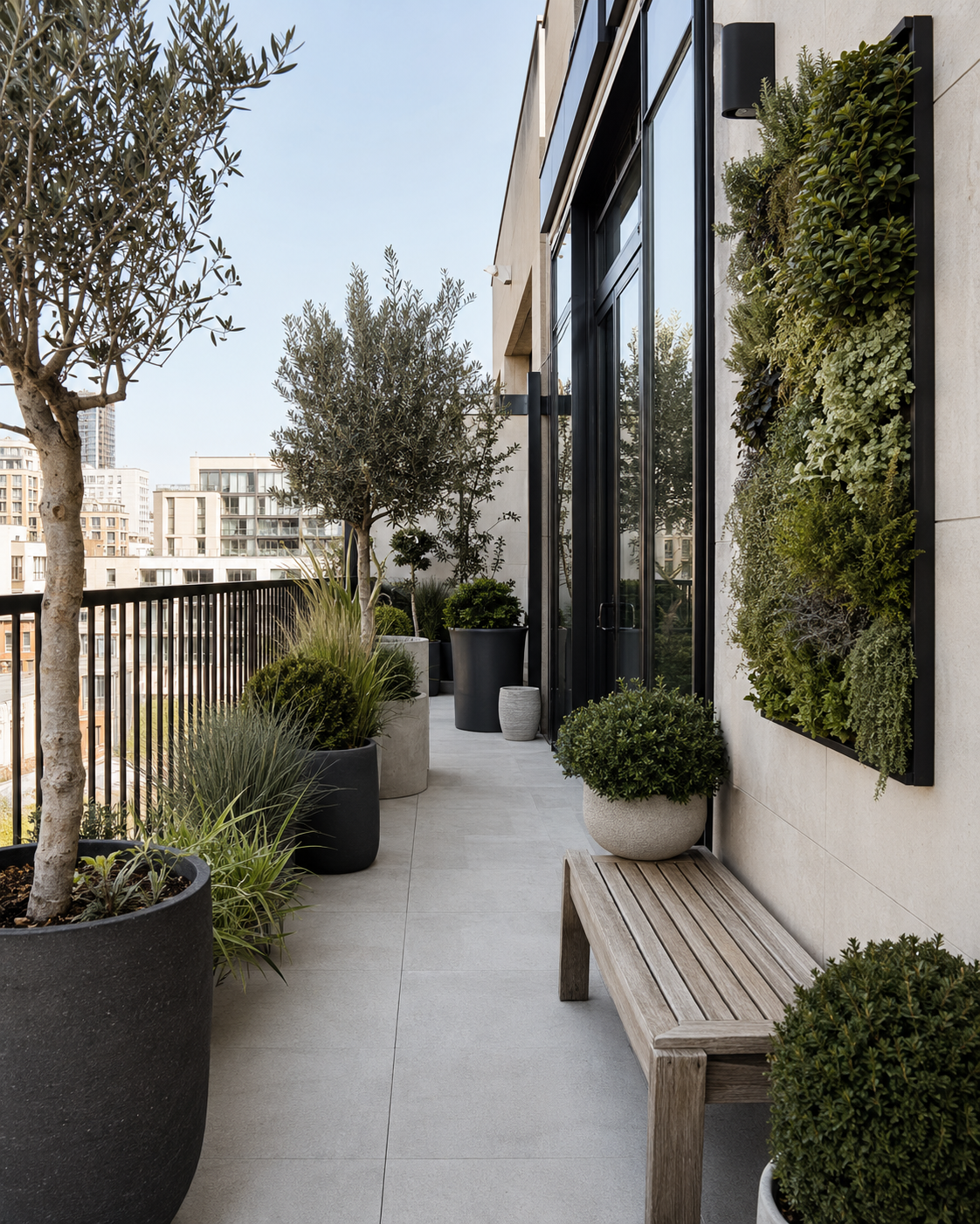 Urban greenhouse balcony with olive trees, charcoal planters, vertical greenery and a teak bench