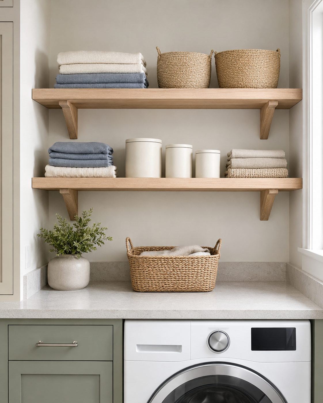 Pale oak laundry shelves displaying folded linens, woven baskets and plain storage containers
