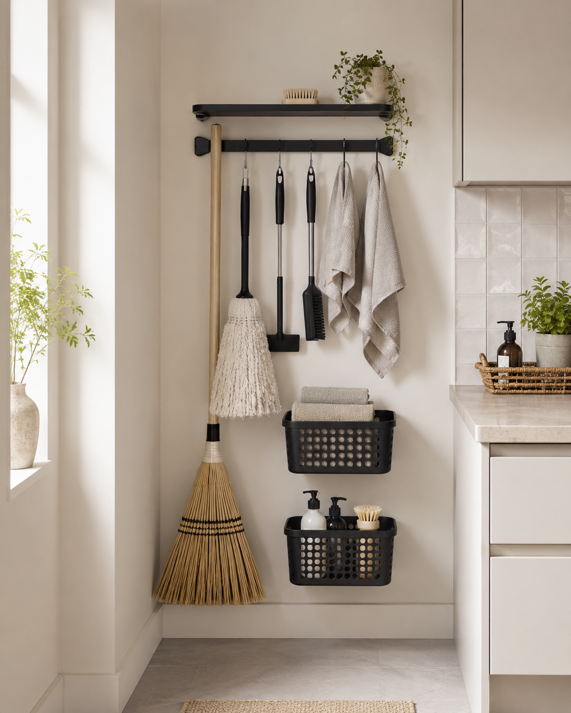 Kitchen utility reset wall with broom and mop holder, cleaning tools, microfiber cloths and storage baskets