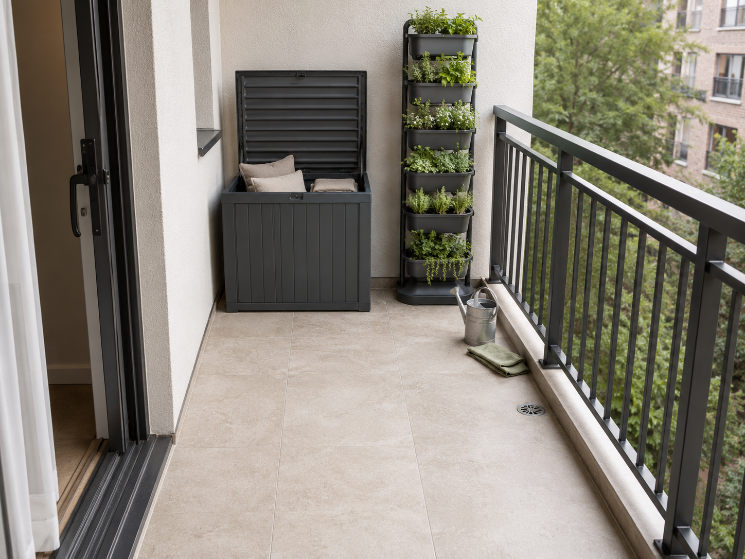 Compact balcony with an open outdoor storage box, seven-tier vertical planter and a clear central walking lane.