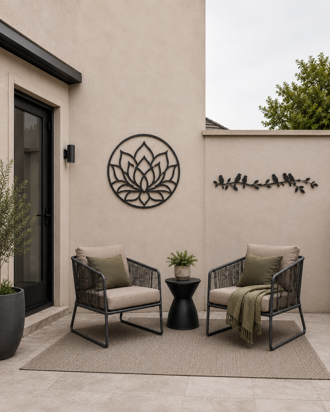 Compact patio with a rectangular vertical garden panel and two shallow black wall-mounted planters.
