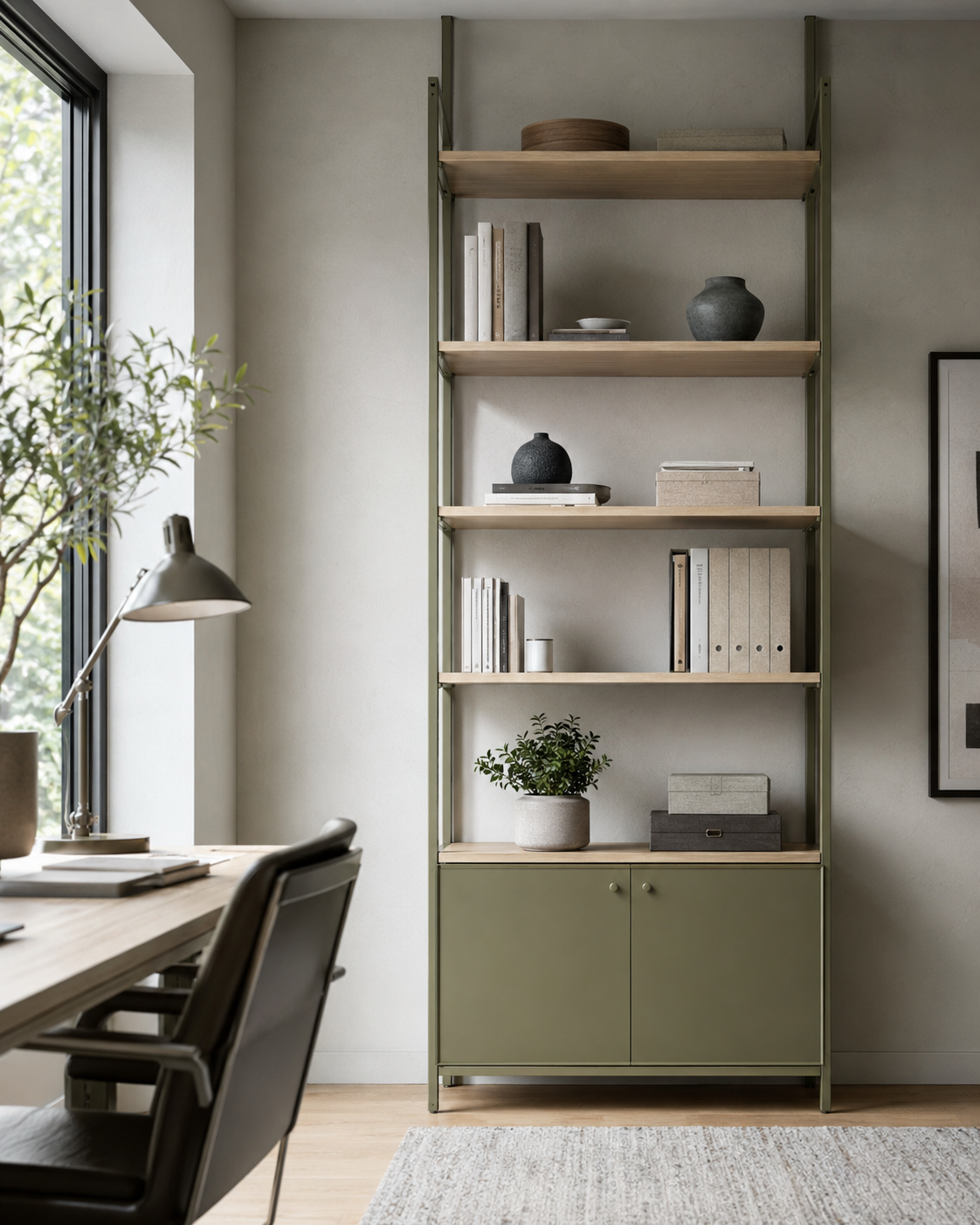 Pale oak home office shelving with organized books and storage boxes