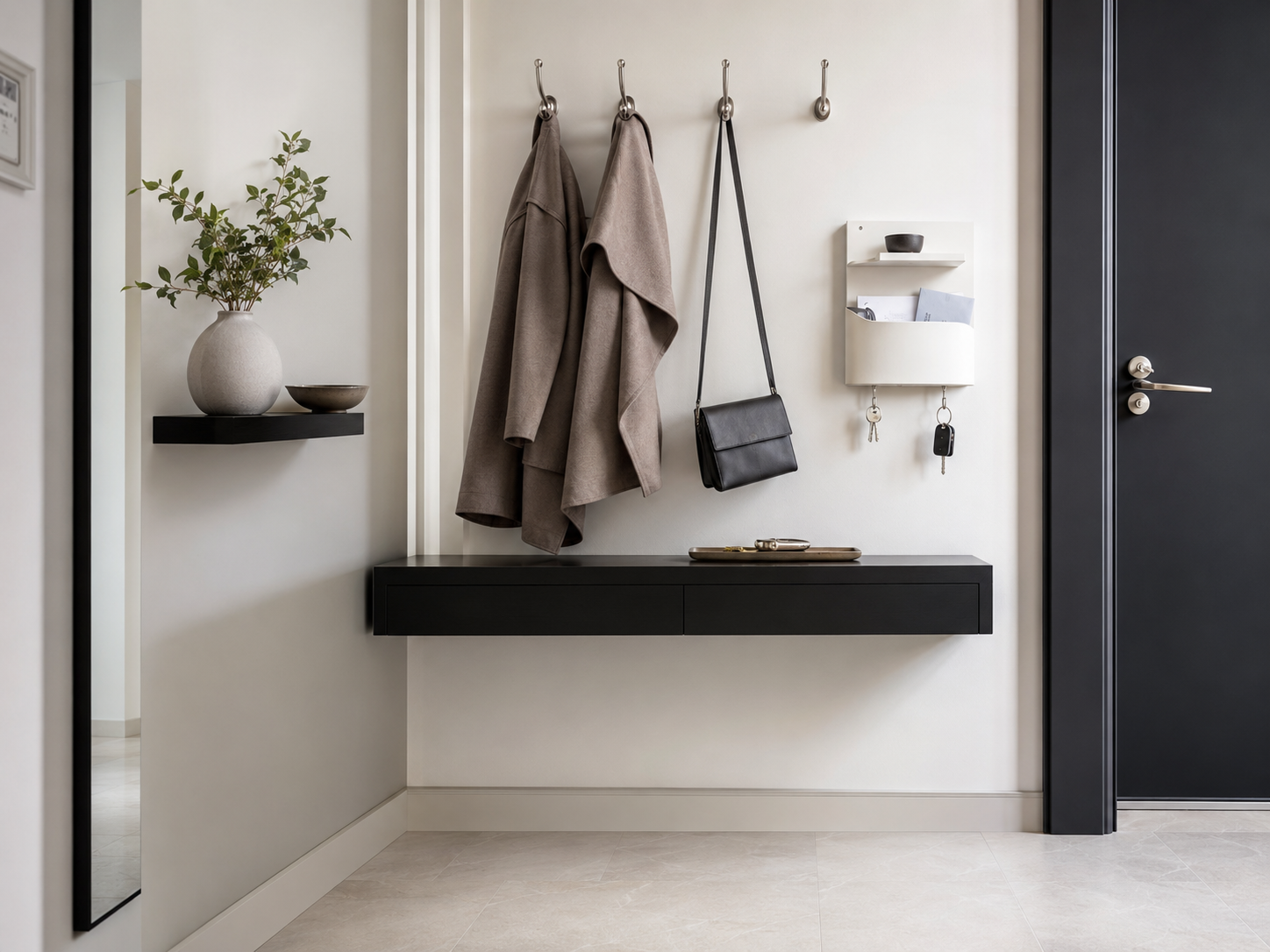 Wall-first small entryway solutions with shallow floating console and key organizer