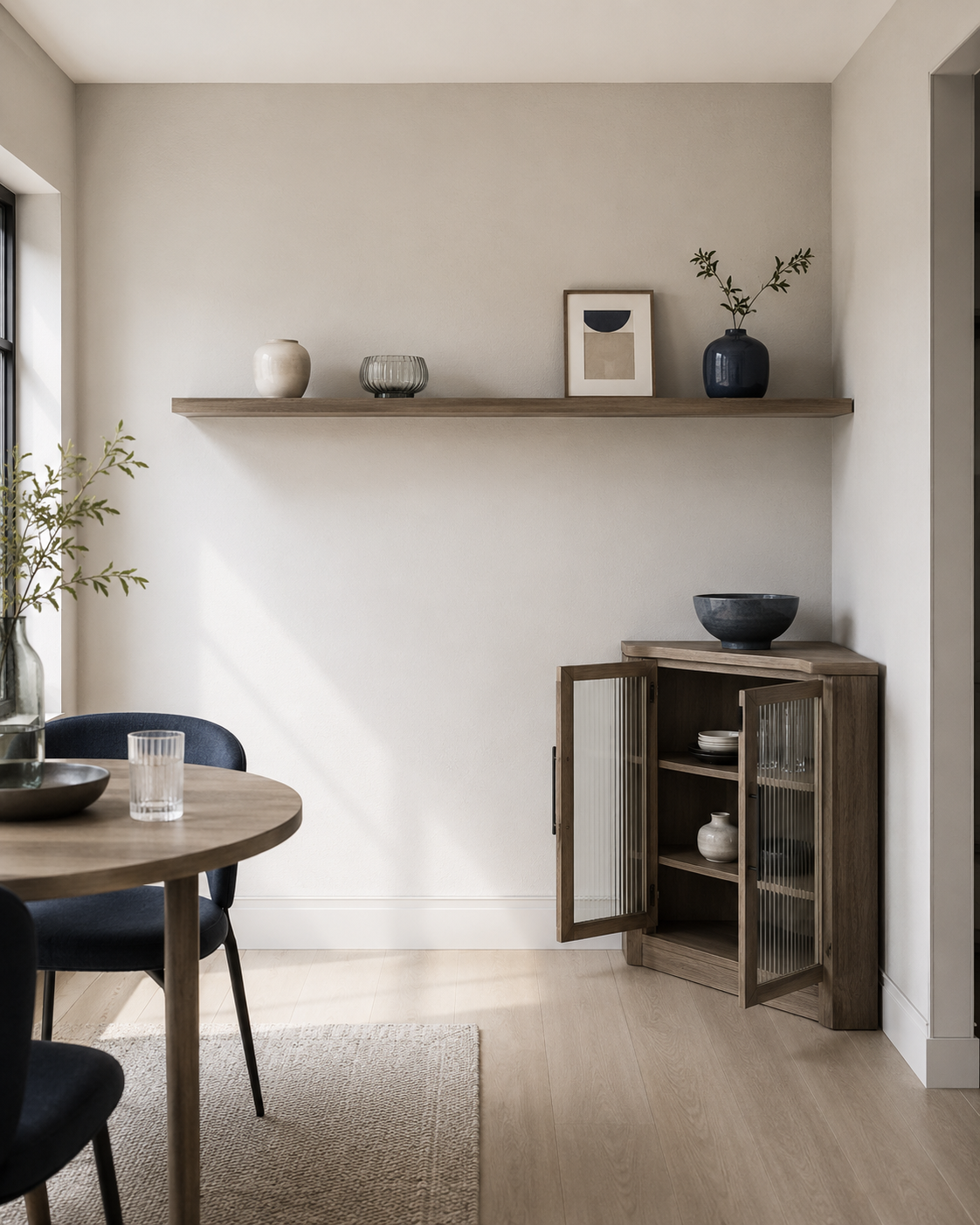 Compact dining room with a long floating shelf, corner storage cabinet and partially visible round dining table