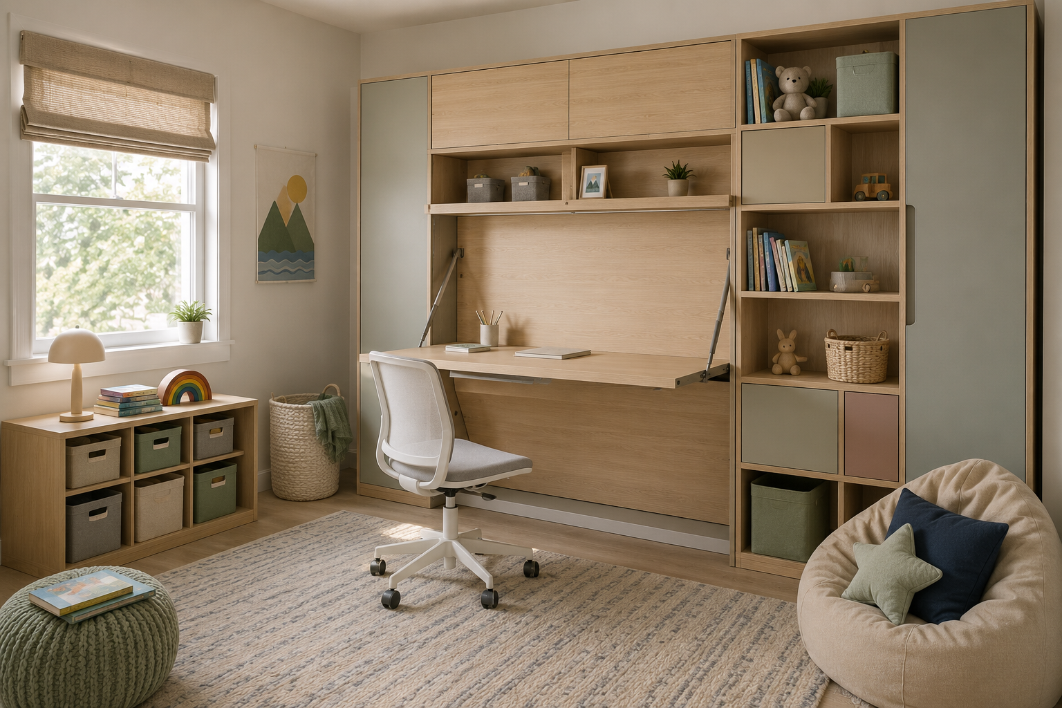 Pale wood loft bed positioned above a compact study desk with a chair, task lamp, wall shelving and narrow drawers.