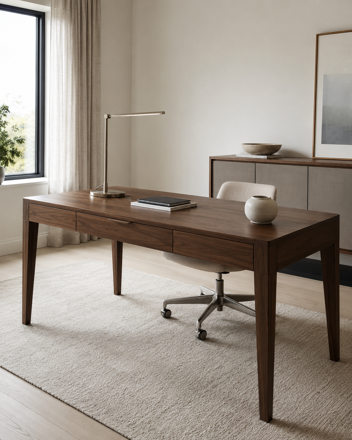 Walnut home office desk in a focused modern workspace
