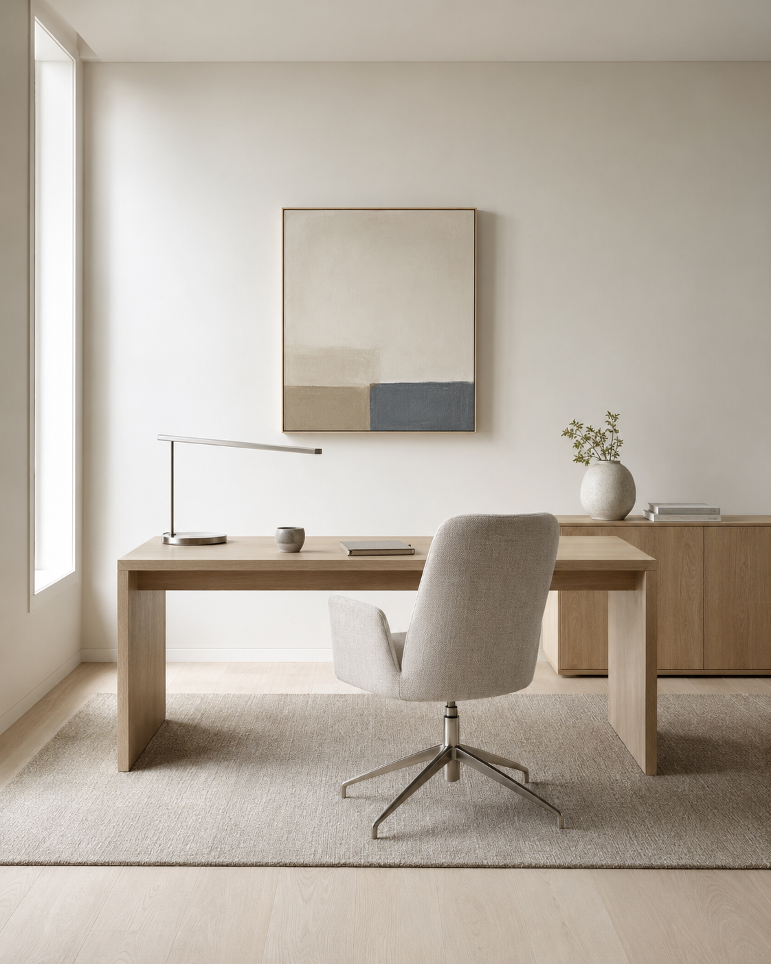 Warm executive home office with walnut, mushroom upholstery and muted navy accents