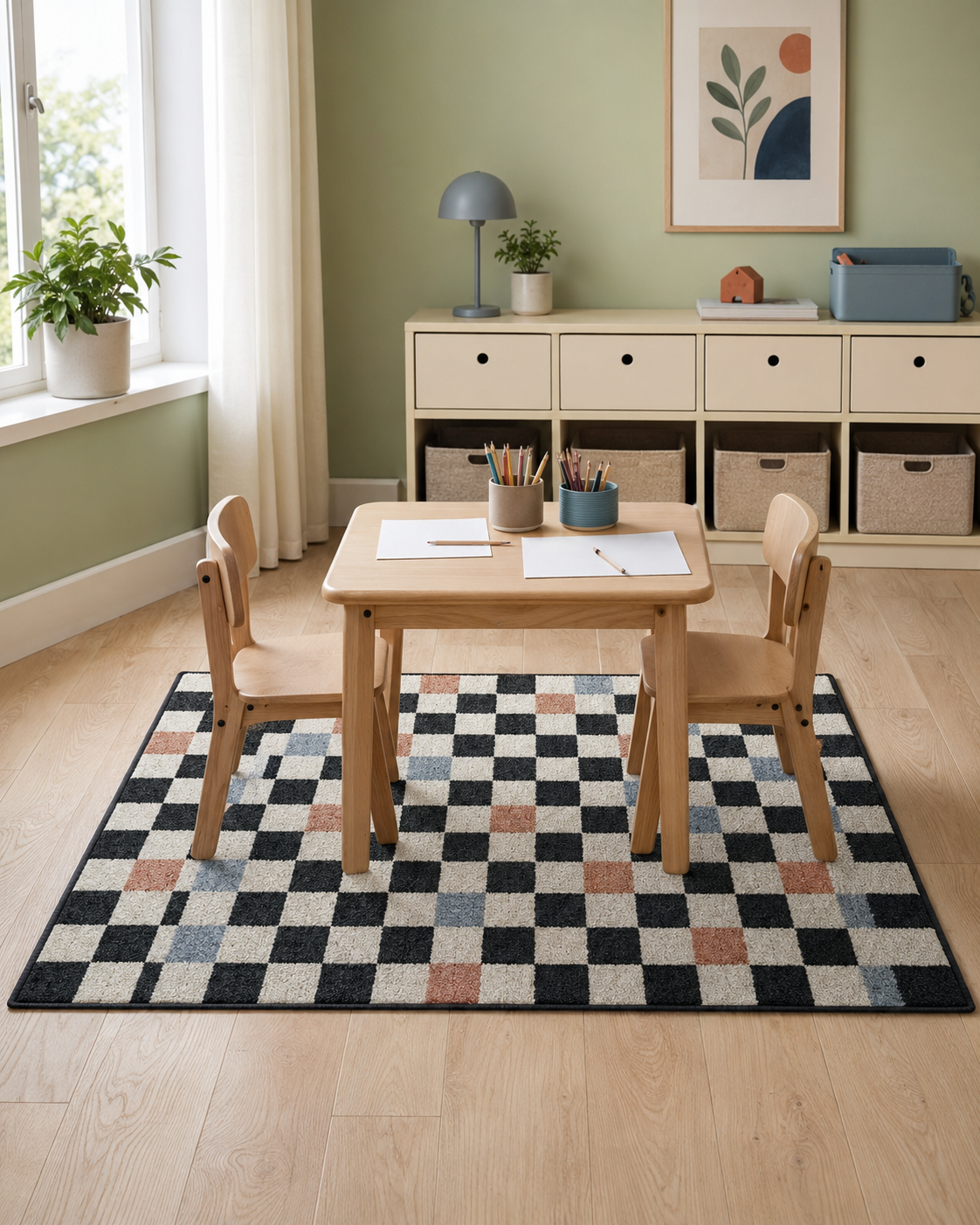 Kids creative corner with a low activity table positioned over a black, ivory and muted-color checker rug.