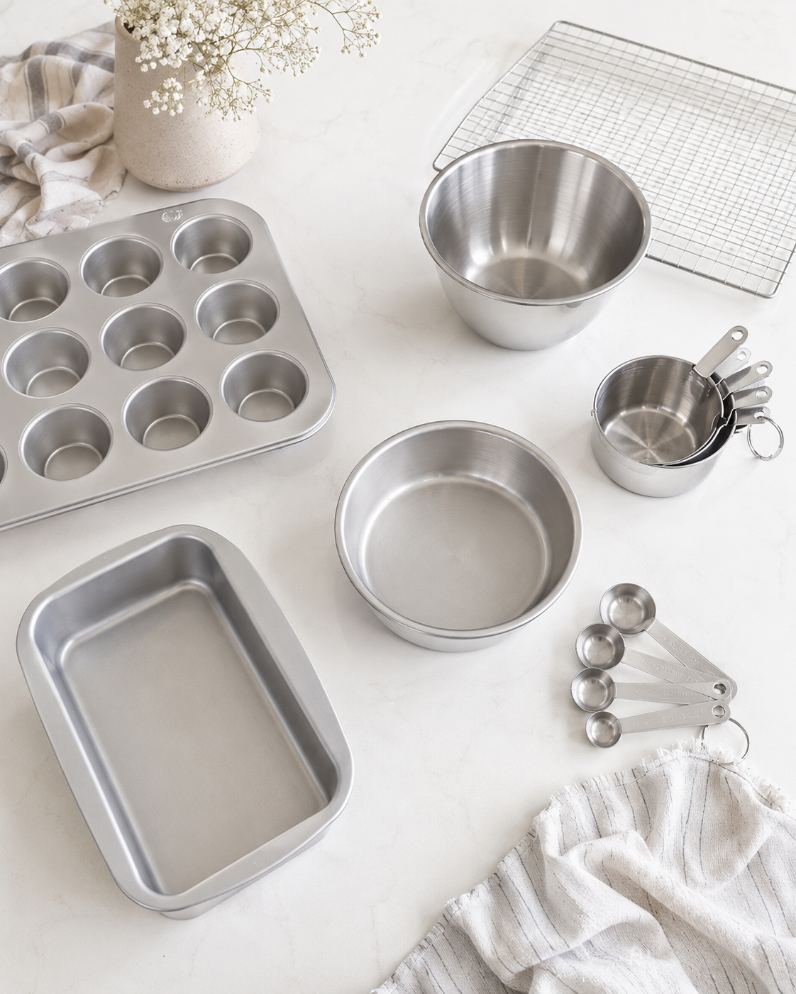 Weekend baking setup with stainless mixing bowls, muffin pan, loaf pan, cake pan, cooling rack and measuring tools on a neutral kitchen counter.