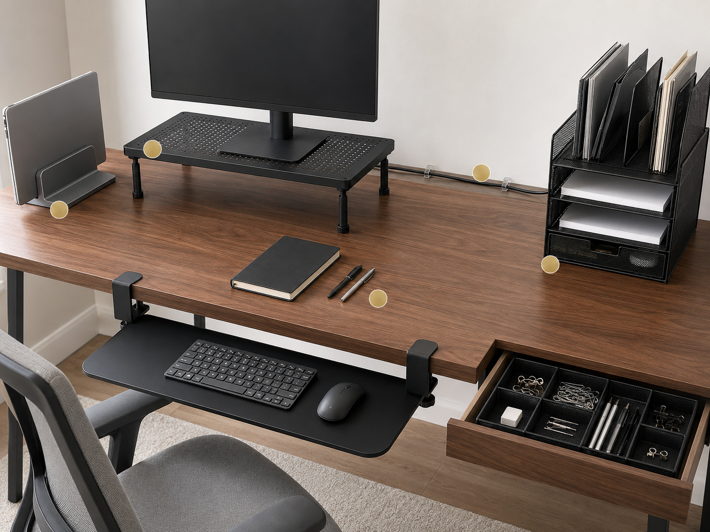 Organized office desk showing elevated screens, routed cables, paper storage and an under-desk keyboard tray.
