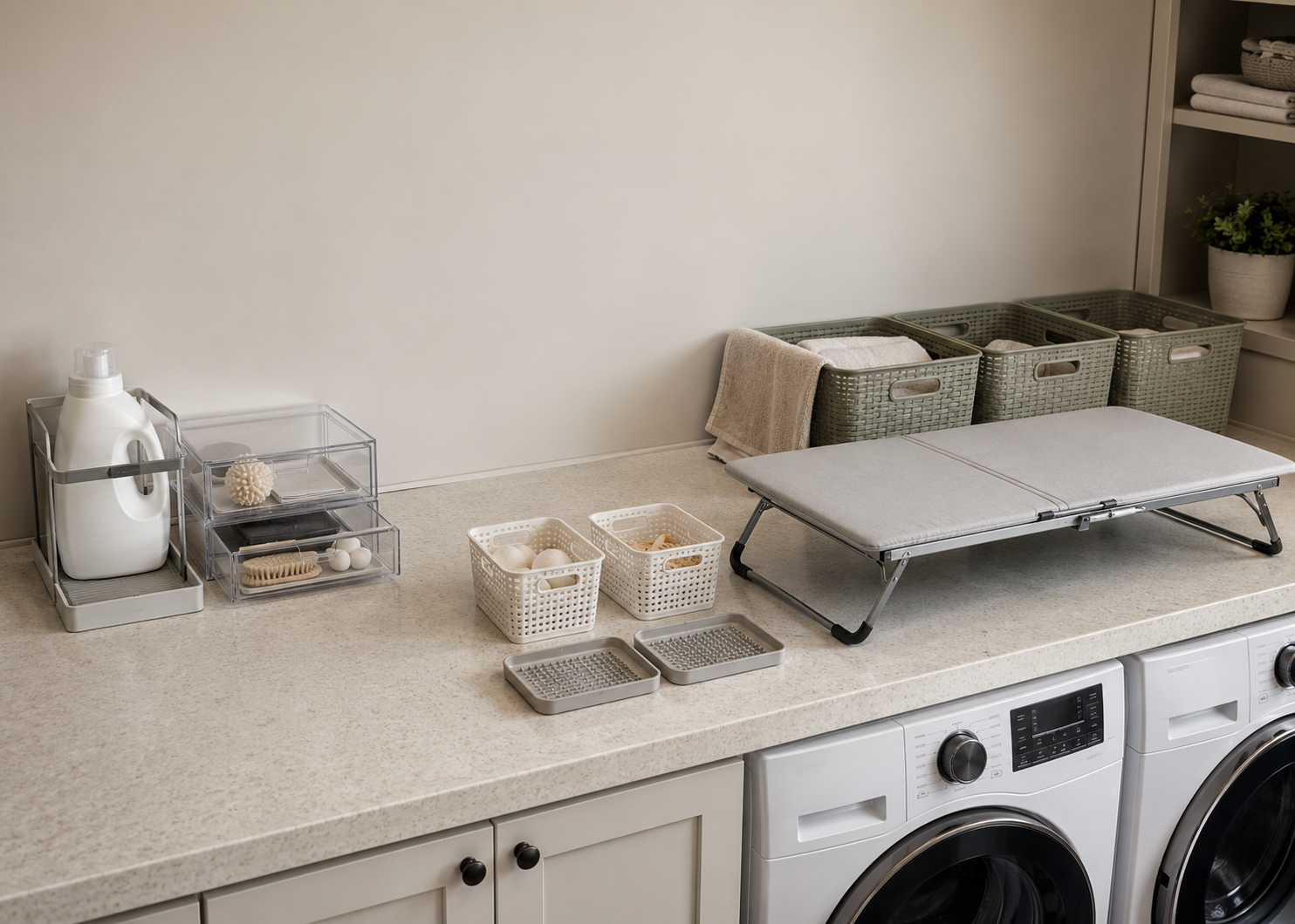 Laundry counter divided into permanent storage, temporary organiser baskets, drip trays and a removable folding board.