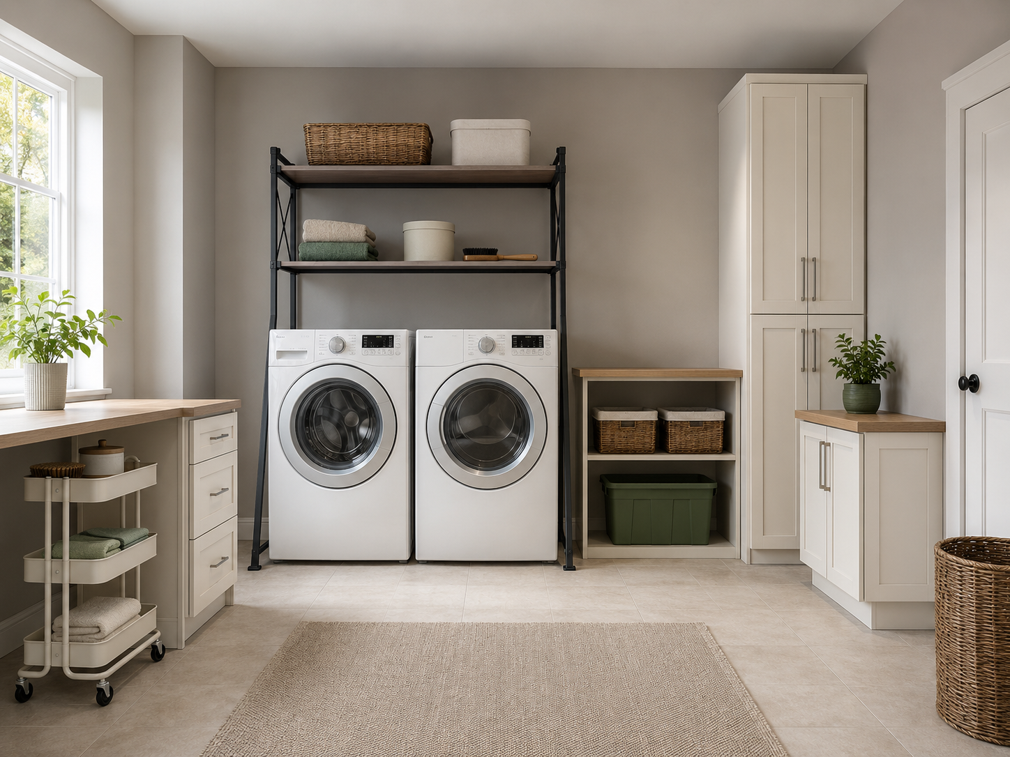 Laundry room with daily-reach rolling storage, reserve bins, closed cabinets and shelving arranged around front-loading appliances.