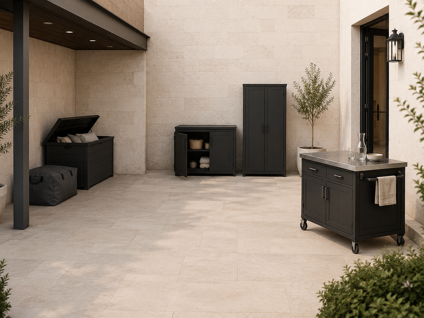 Patio comparison scene with an open deck box, sheltered cushion bag, front-opening cabinets and a wheeled outdoor storage cart.