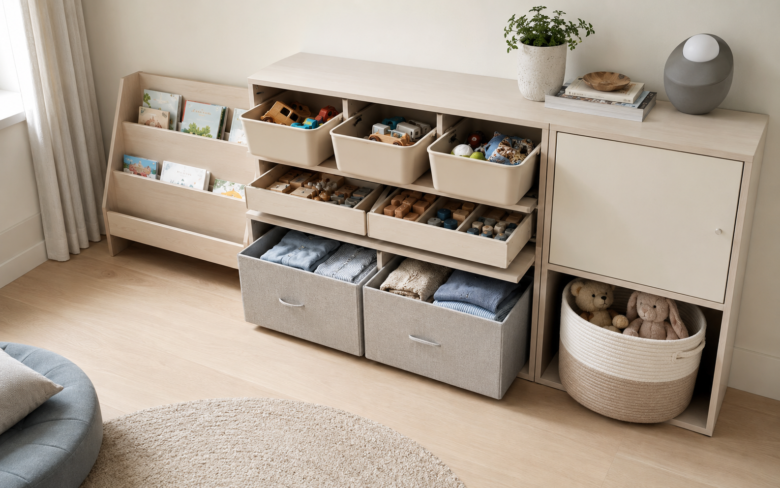 Modular kids storage wall organizing books, toys, building pieces, folded clothes and soft toys in separate compartments.