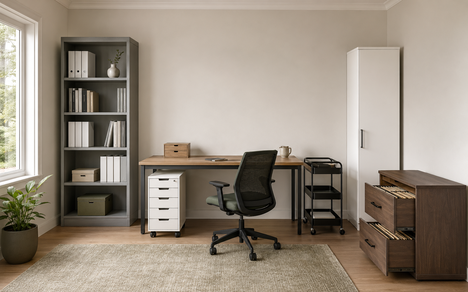 Home study organized with visible bookcase storage, reachable desk drawers, a rolling cart and closed archive cabinets.